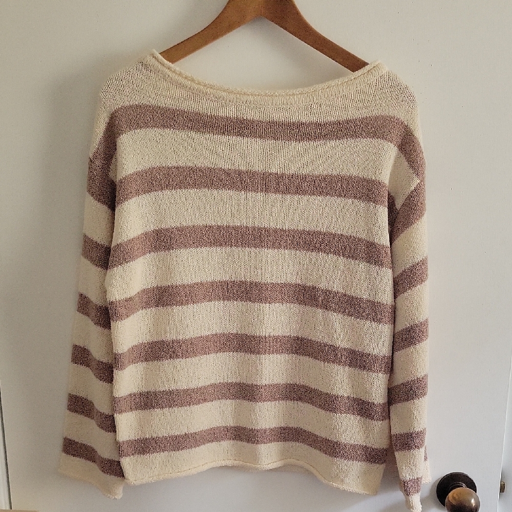 Striped Cream and Brown Women's Sweater Bohme Small